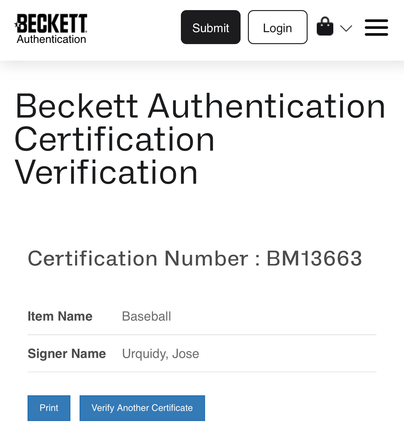 José Urquidy. Pelota Con Autógrafo Certificado Beckett.