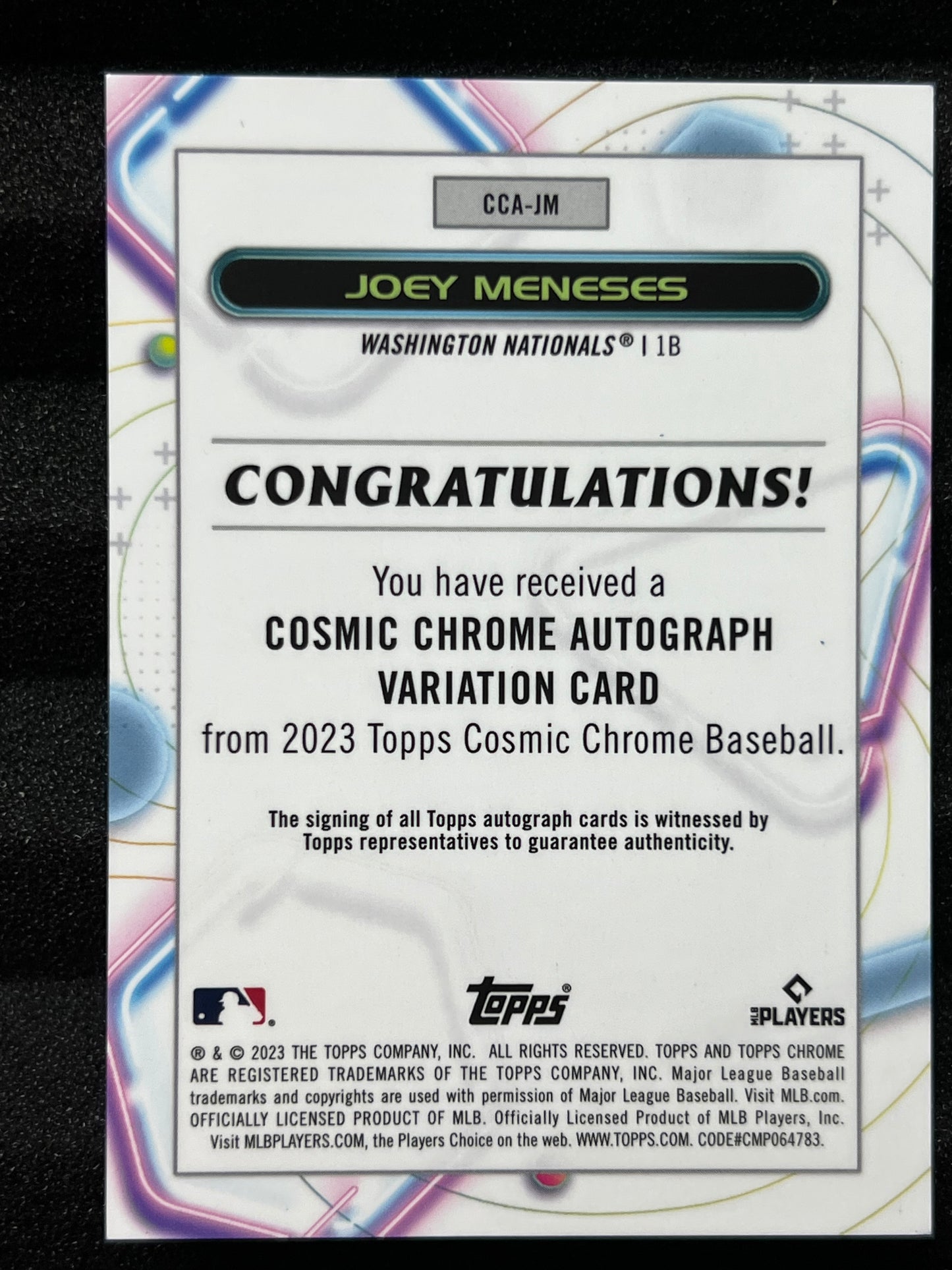 2023 Topps Cosmic Chrome Joey Meneses Green Refractor Auto RC 29/75 Nationals