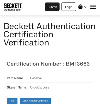 José Urquidy. Pelota Con Autógrafo Certificado Beckett.
