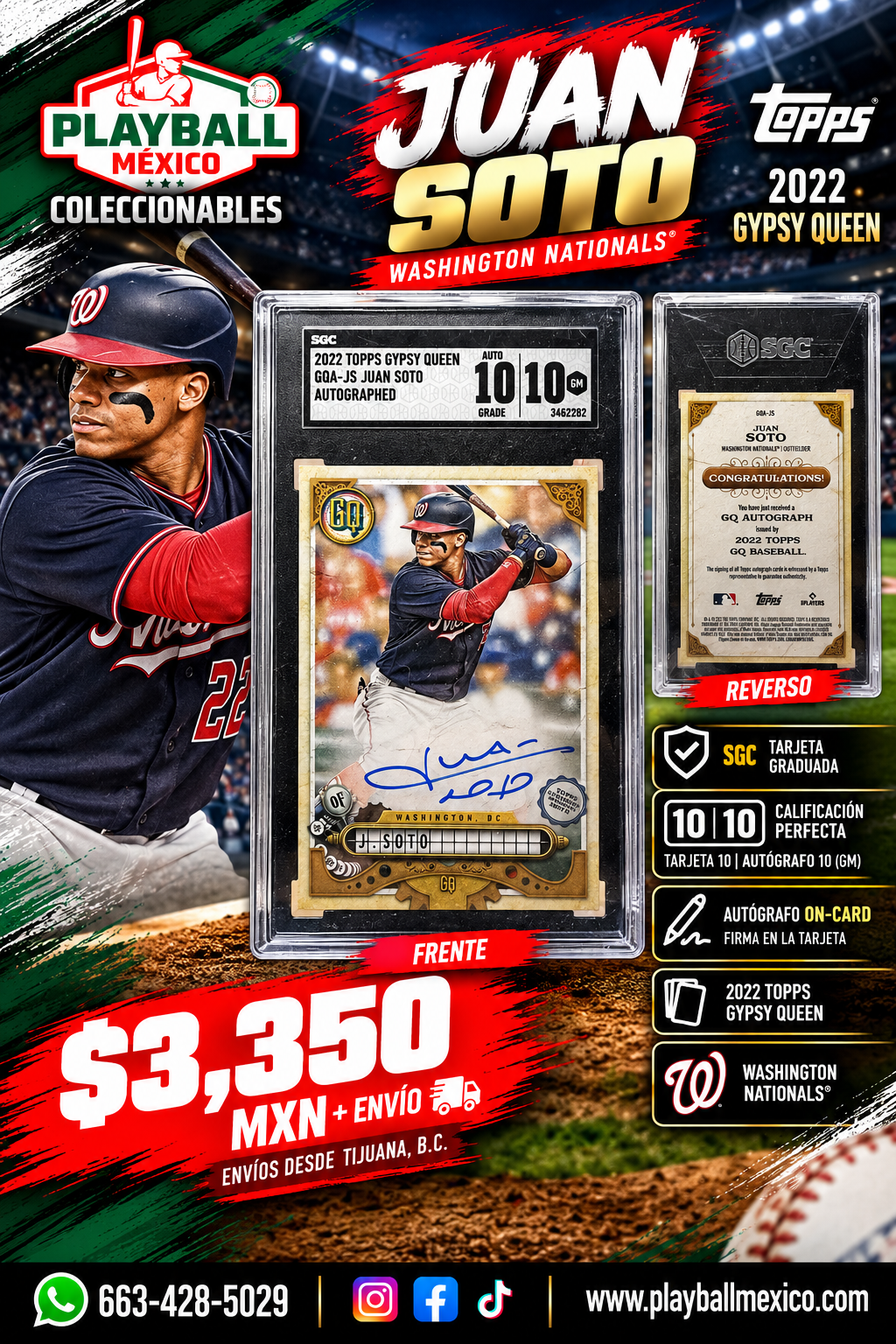 Juan Soto 2022 Topps Gypsy Queen autografiada ON-CARD SGC 10 AUTO 10 - Playball México