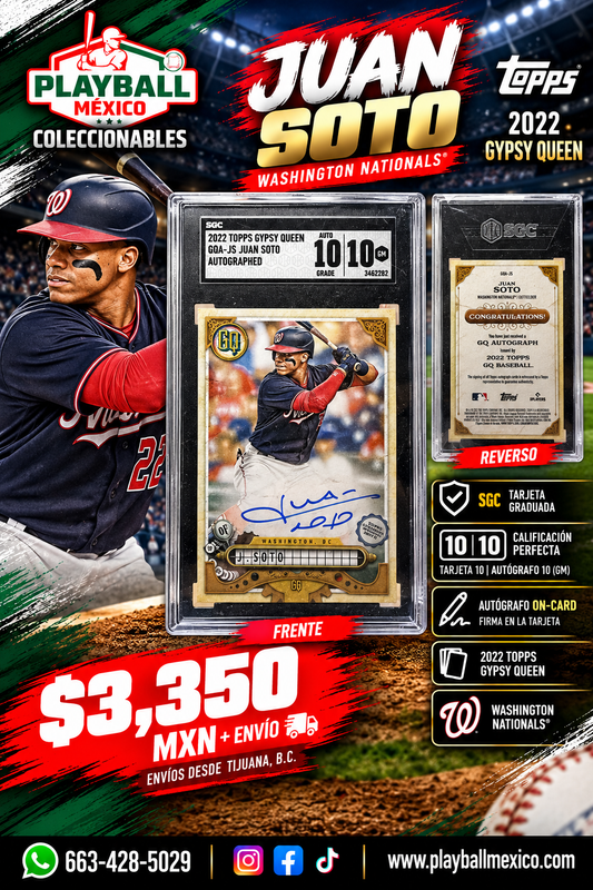 Juan Soto 2022 Topps Gypsy Queen autografiada ON-CARD SGC 10 AUTO 10 - Playball México