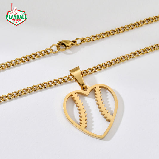 Pendiente y Cadena De Corazón Beisbolero Dorado.